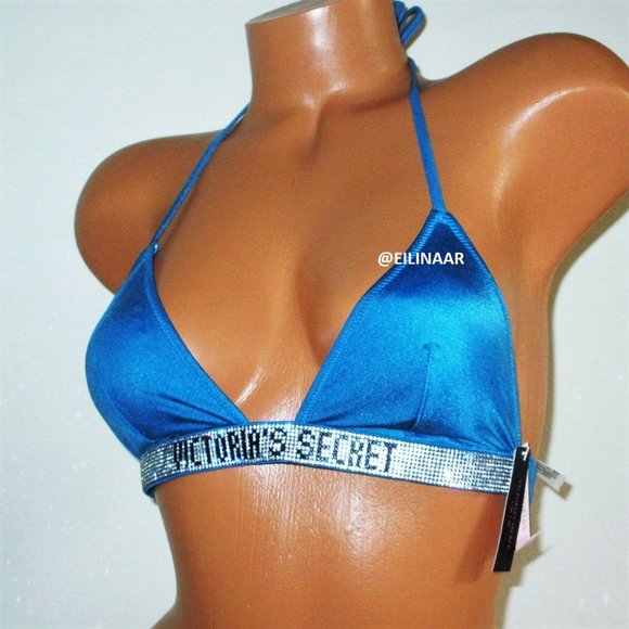Victoria's Secret Other - Victorias Secret Swim Shine Strap Bling Bikini Top Size S Logo Blue Small